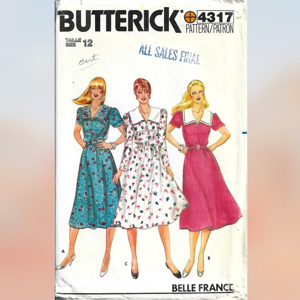 Butterick Vintage 80s Belle France Dress Sewing Pattern 4317 Size 12